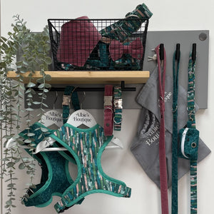 Dog walking accessories organised on a  large single-rail dog lead station shown with black wire basket.