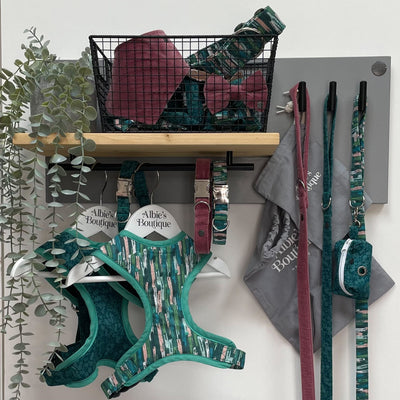 Dog walking accessories organised on a  large single-rail dog lead station shown with black wire basket.