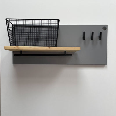 Large single-rail dog lead station with pine shelf, black wire basket and 3 hooks.
