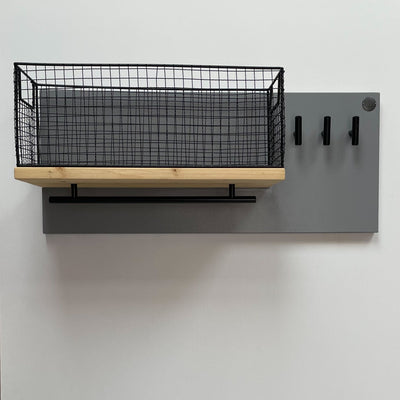 Large single-rail dog lead station with pine shelf and large black wire basket and 3 hooks.