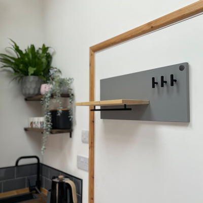 Large dog lead station, grey with a pine shelf, matt black rail and 3 hooks. 