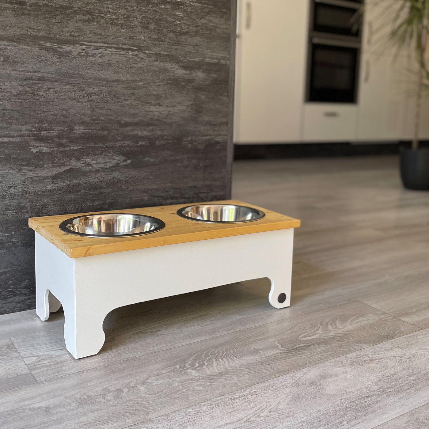 Large Pine Top Raised Dog Bowl Feeding Stand in white.