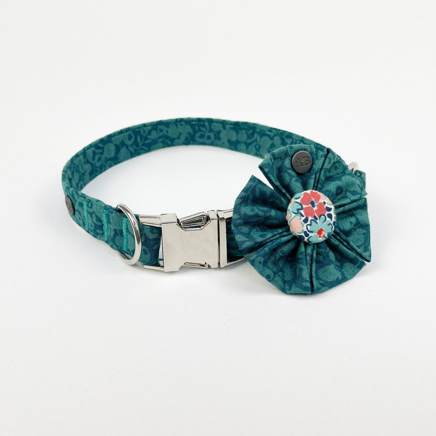 Liberty Autumn Emerald Dog Collar Flower Accessory shown on Liberty Winter Floral collar with silver hardware.