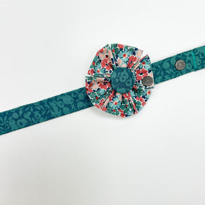 Liberty Winter Floral Dog Collar Flower Accessory on matching collar.