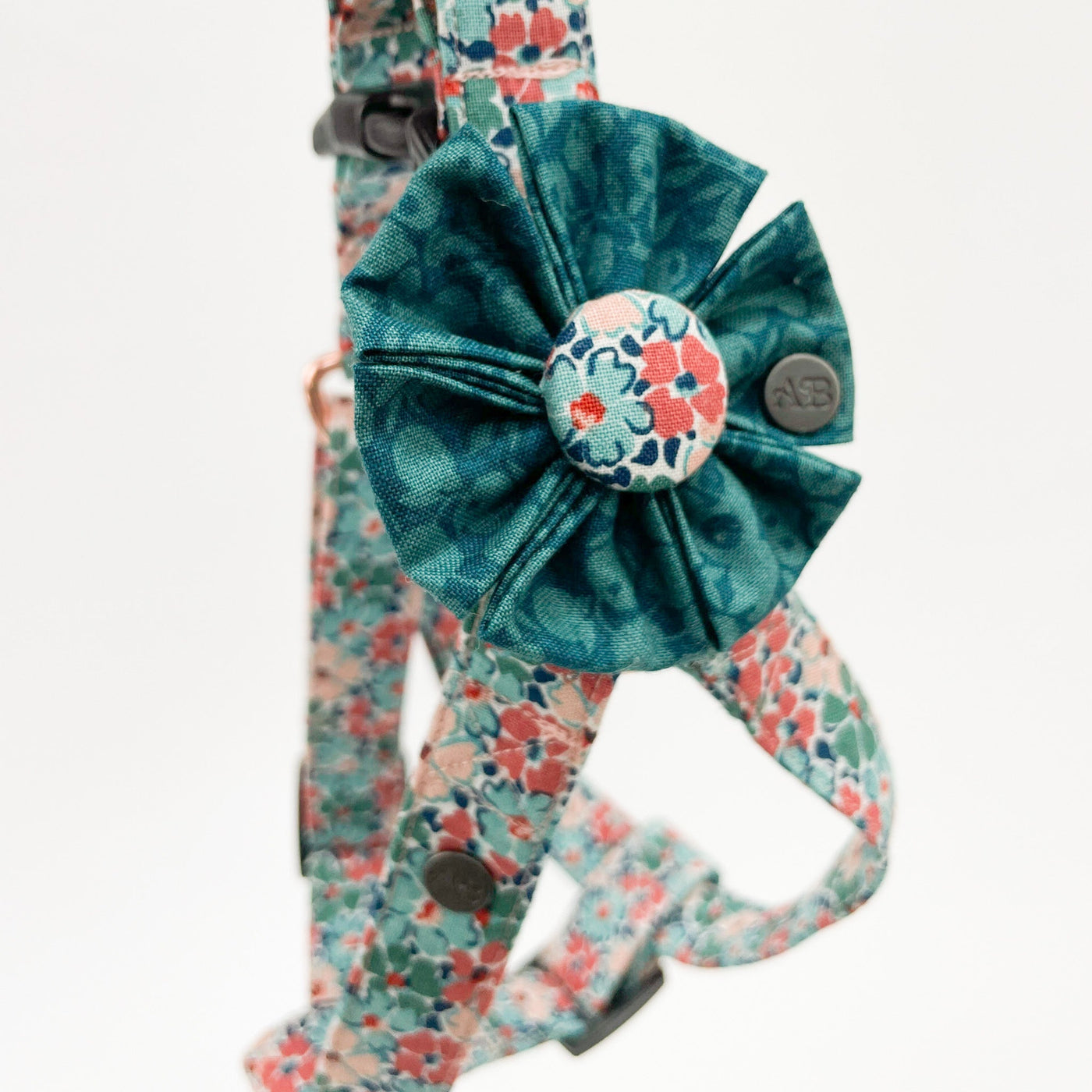 Liberty Autumn Emerald Dog Collar Flower Accessory shown attached to  step-in harness in Liberty floral  fabric.