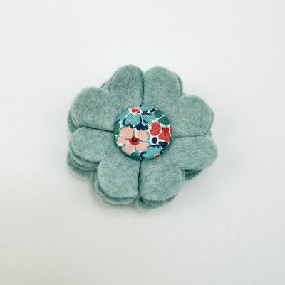 Dog collar flower accessory in soft teal felt with a Liberty fabric button