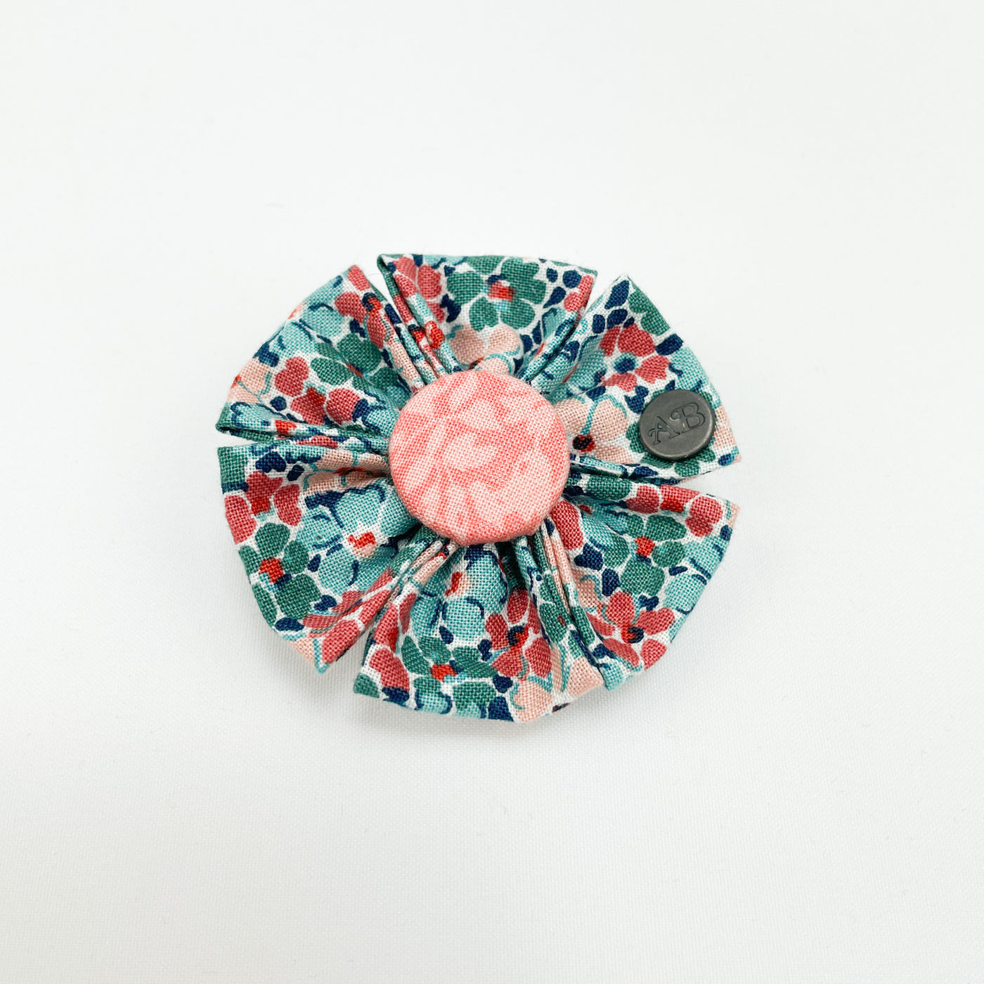 Liberty Winter Floral Dog Collar Flower Accessory with Liberty peach button centre. 