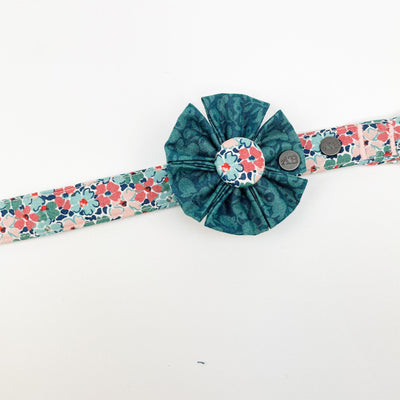 Liberty Autumn Emerald Dog Collar Flower Accessory on complementary Liberty floral collar.