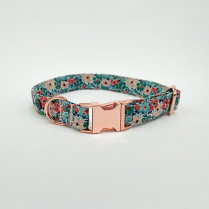 Liberty winter floral dog collar with rose gold buckle