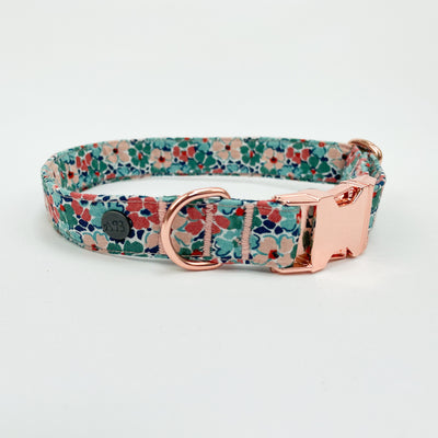 Liberty winter floral dog collar with rose gold buckle and hardware.