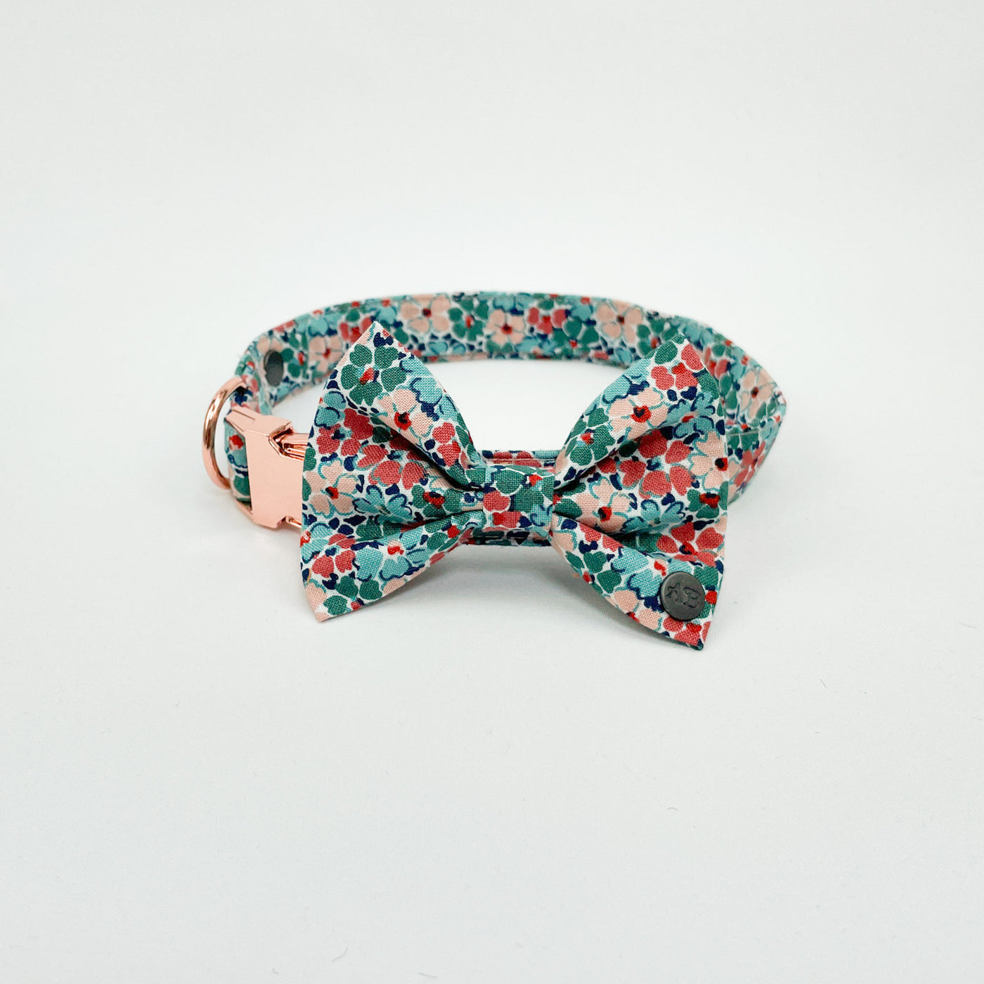 Liberty winter floral bow tie on matching collar.
