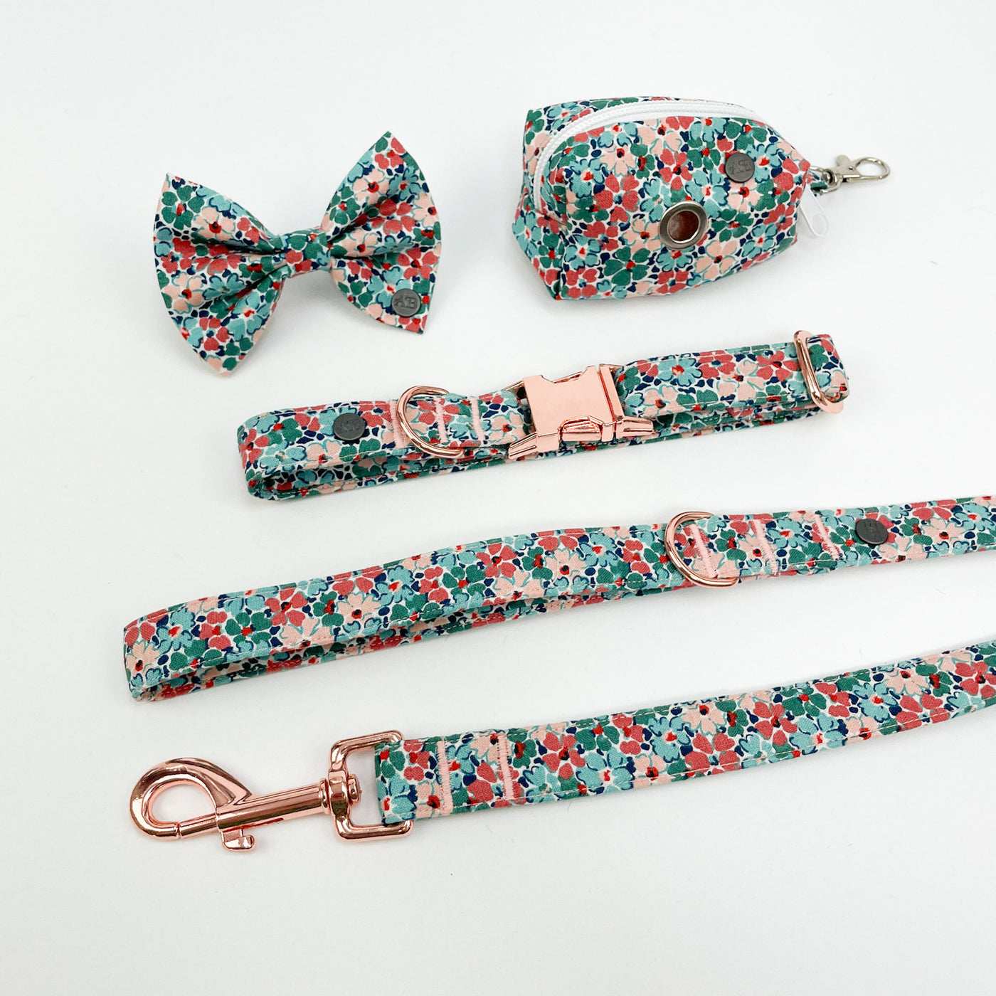 Liberty winter floral collar and lead set with bow and poop bag holder