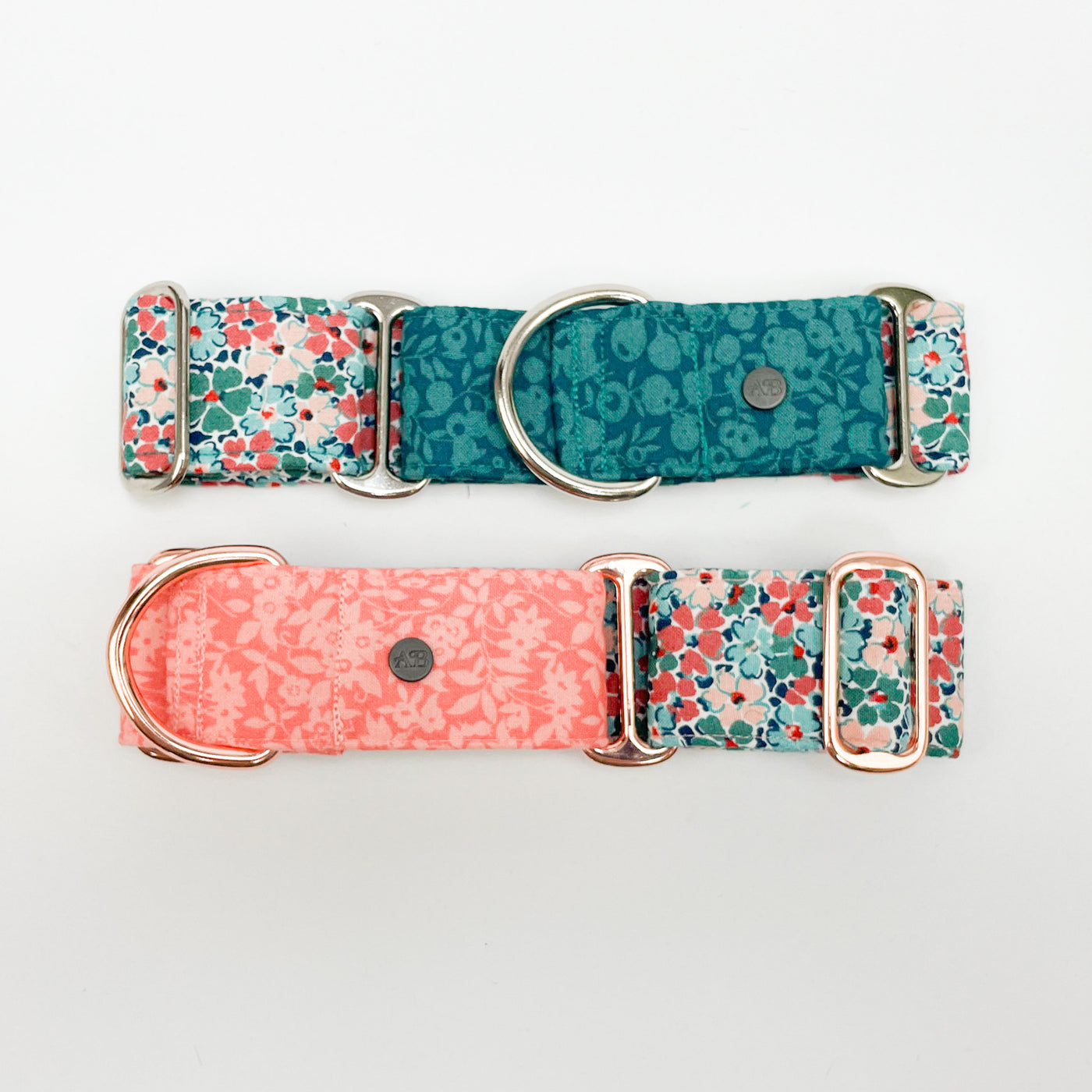 Albies boutique Liberty peach floral and winter floral martingale collar 