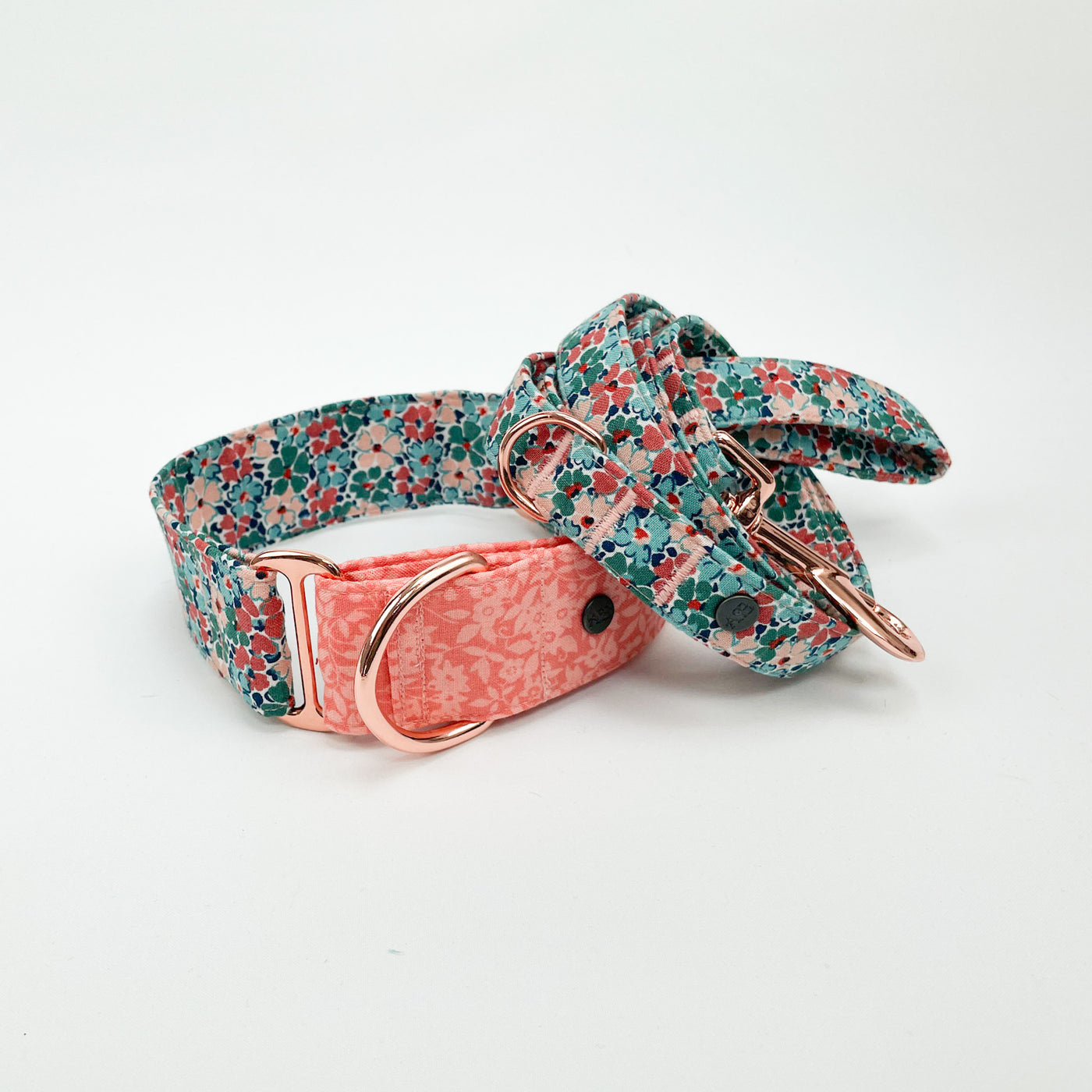 Albies boutique Liberty peach floral and winter floral martingale collar and lead