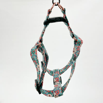 Liberty winter floral step in dog harness With rose gold d rings