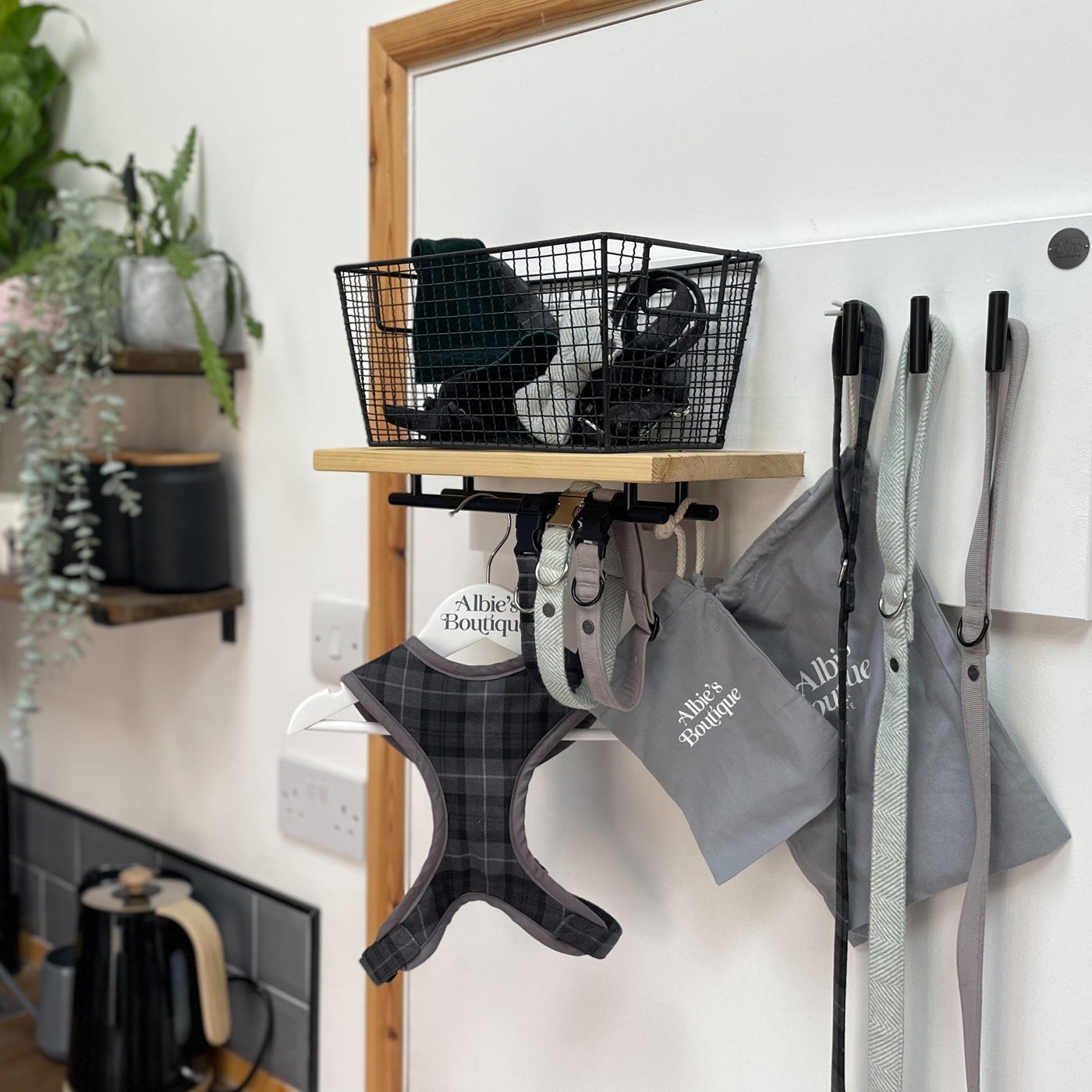 Dog walking accessories organised neatly on a wall hung dog lead station.