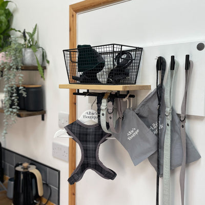 Dog walking accessories organised neatly on a wall hung dog lead station.