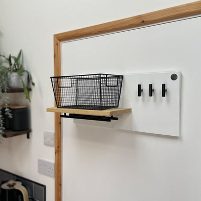 Medium double-rail dog lead station with pine shelf  and optional black wire storage basket.