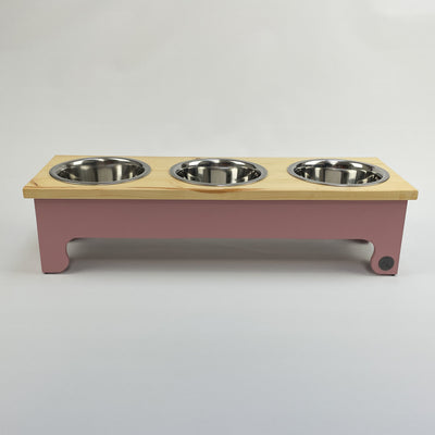 Triple bowl, pine top, raised feeding station in blush pink.