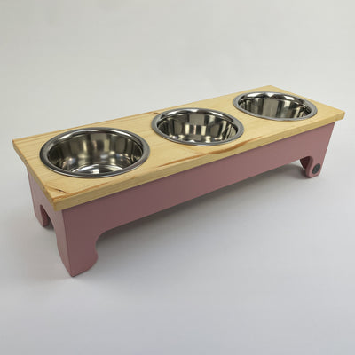 Triple bowl, pine top feeder for dogs in blush pink.