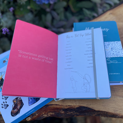 "Sometimes getting lost is not a waste of time," quote inside the dog adventure journal