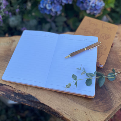 Lined page, "All the dogs" notebook and wood-effect pen.