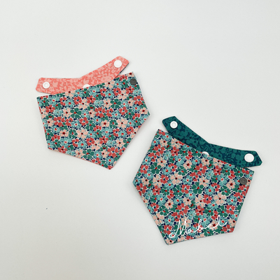 Liberty Winter Floral Reversible Dog Bandana shown with personalised name option, Mabel.