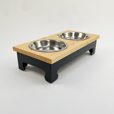 Pine top double bowl feeder, raised, charcoal black. 
