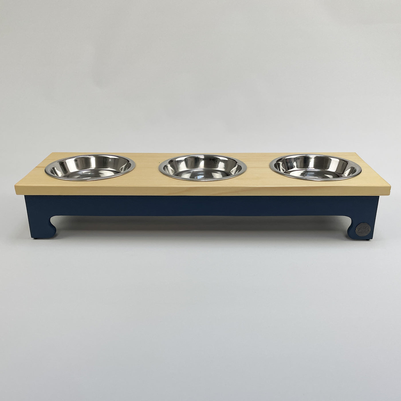 Cat/puppy pine top raised bowl feeding stand, triple bowl, colour navy.