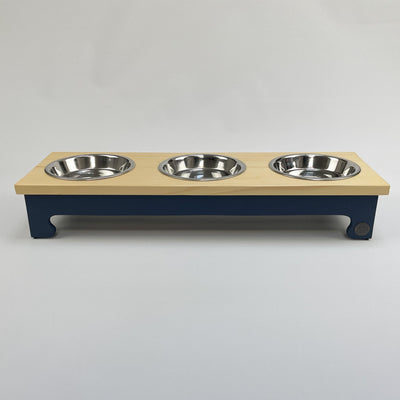 Cat/puppy pine top raised bowl feeding stand, triple bowl, colour navy.