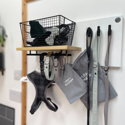 Dog walking accessories stored and organised on a medium sized, double-rail dog lead station with pine shelf .