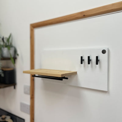Medium double-rail dog lead station with pine shelf shown in white.