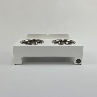 Double-bowl Raised Dog Feeding Stand in size small, white
