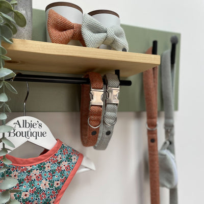 Dog walking accessories stored on a soft green lead station, with a pine top and single rail and two hooks.