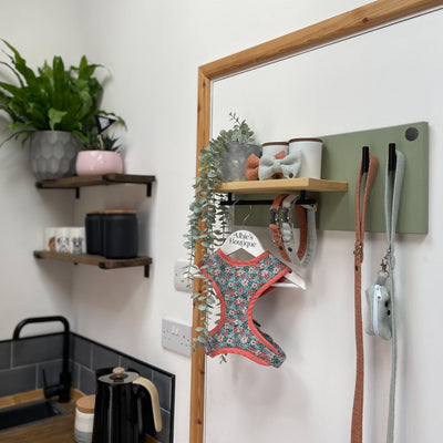 Soft green lead station holds a collection of herringbone print dog walking accessories and Liberty floral print harness.