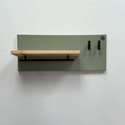 Soft green lead station with pine shelf, single rail  and two hooks.