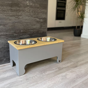 Extra Large Pine Top Raised Dog Bowl Feeding Stand in grey.