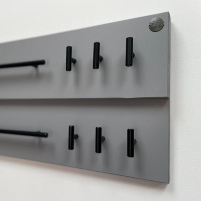 Grey double-rail dog lead station with contemporary black matt fittings and Albie's Boutique seal of quality.