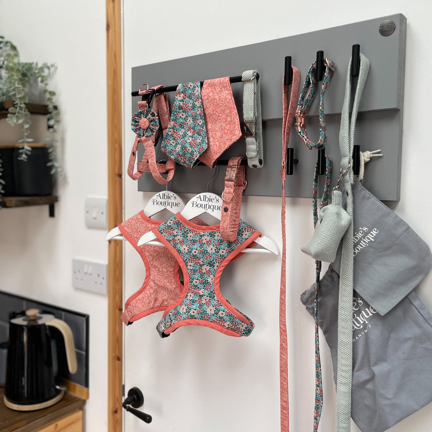 Albie's Boutique large double-rail dog lead station with hanging dog accessories in colour grey.