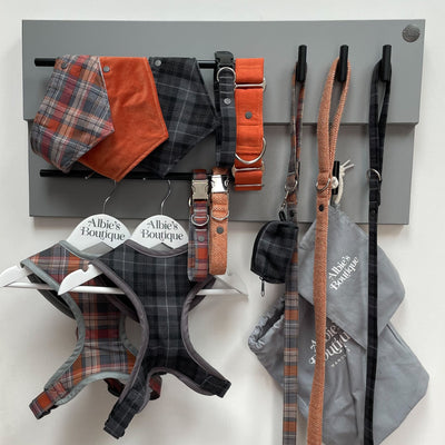 Dog walking accessories hang organised on a large grey double-rail dog lead station.ue large double rail dog lead station